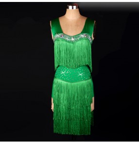 Green rhinestones fringes strap girls women's ladies female sleeveless competition performance handmade leotard ballroom latin dance dresses